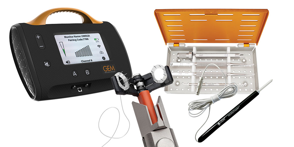 Medical device for flap monitoring called GEM Flowcoupler, with colorful background and text: Why Monitor Flaps? To save them.